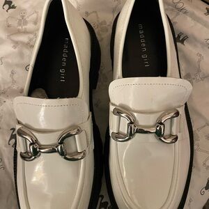 Madden Girl Glossy White Loafers with Silver Accent